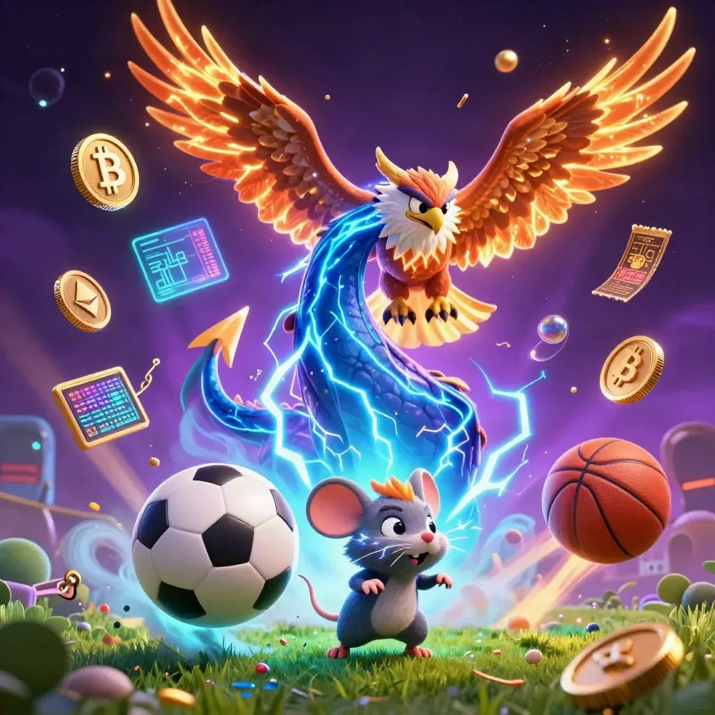 Thunder dragon, hawk and mouse amid glowing sports props, coins and purple lightning.