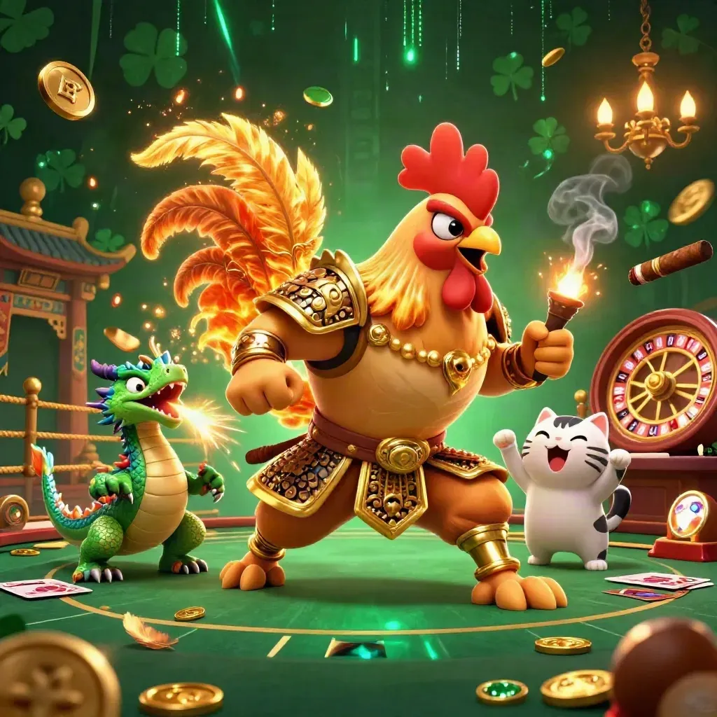 Rooster warrior, dragon hatchling and fortune cat in a glowing casino battle scene.