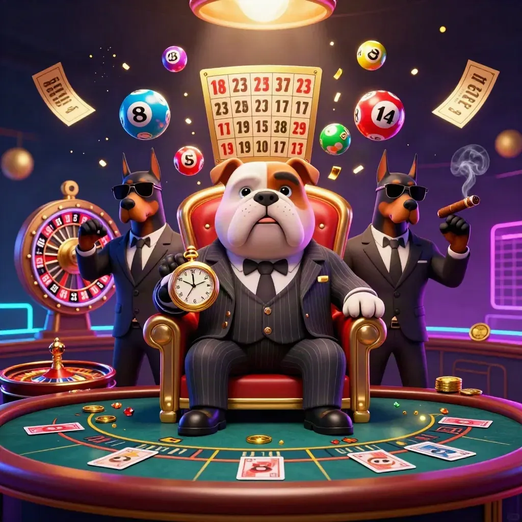 Bulldog casino boss with two Dobermans amid spinning reels, lottery balls and gold light.