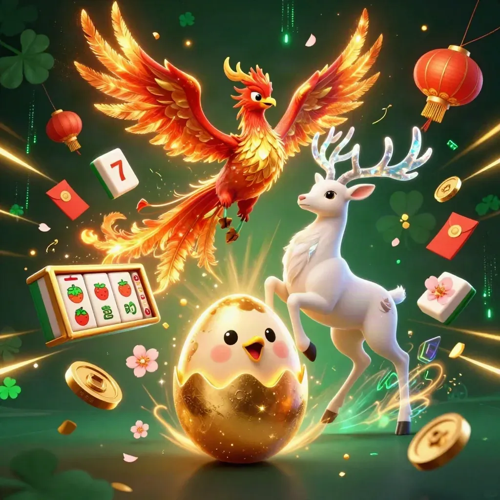 Fire phoenix, hatching baby phoenix, and crystal stag amid jade coins, lanterns, and gold sparks.
