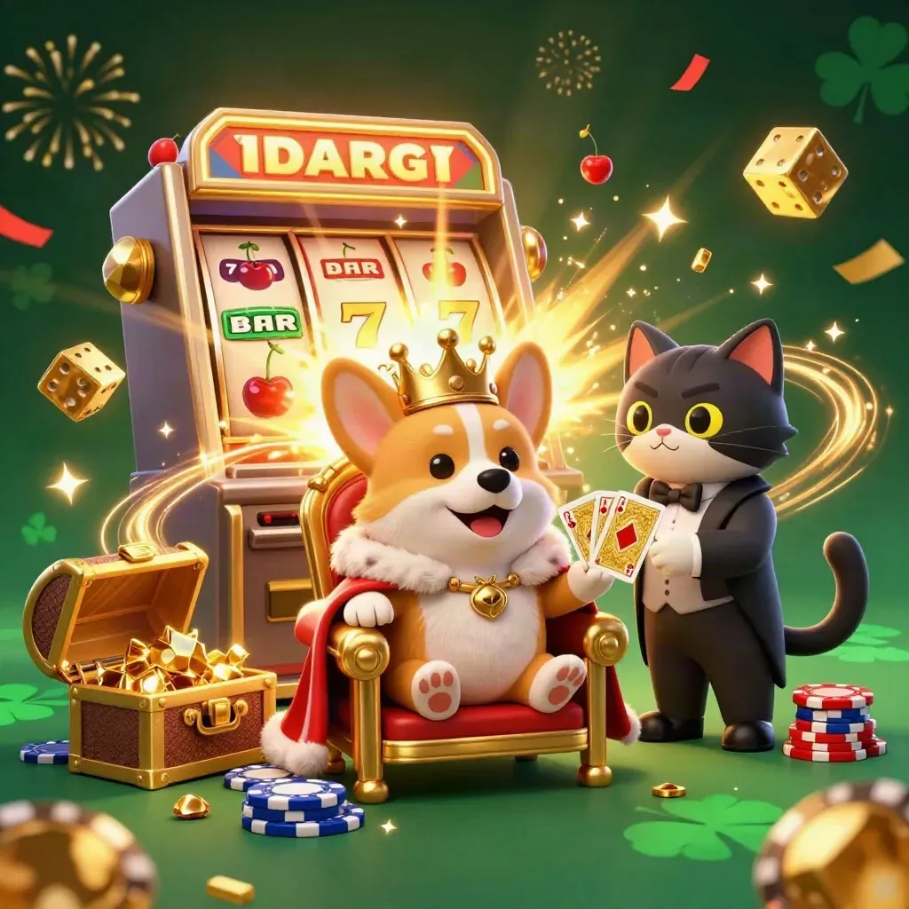 Royal corgi and cat butler amid exploding casino gold, dice, reels, and glowing fireworks.