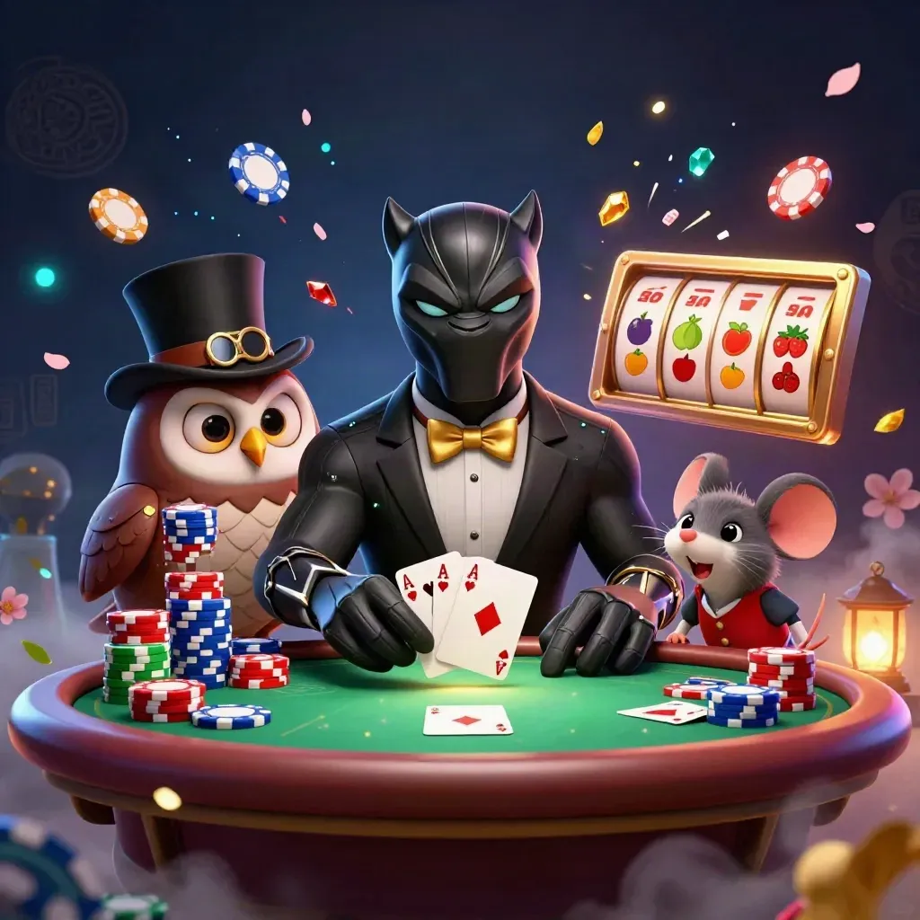 Panther, owl and mouse deal cards amid chips and glowing casino magic on a dark navy background.